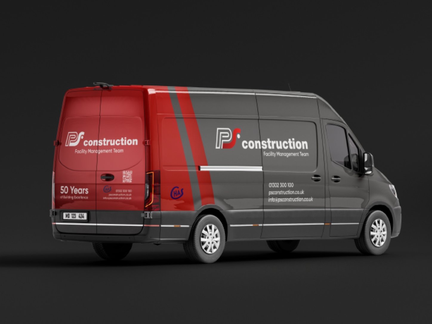 Gray and red PS Construction van with company branding and contact details