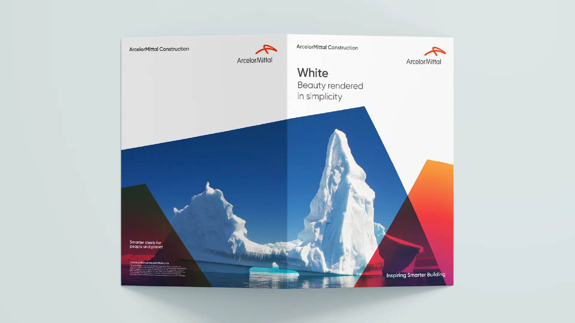 ArcelorMittal Construction brochure cover with iceberg image and geometric shapes