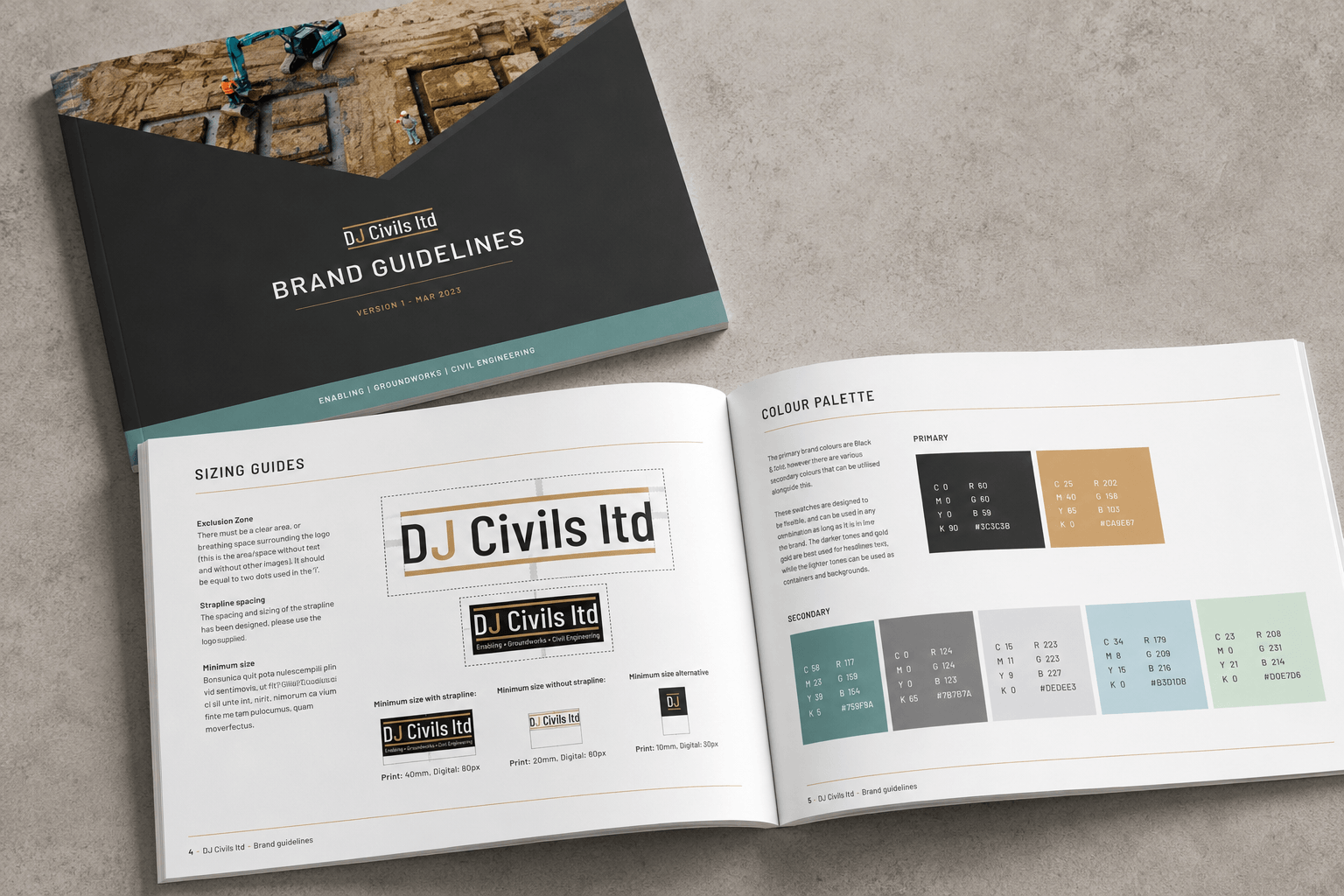 DJ Civils brand guidelines booklet showing logo sizing and colour palette