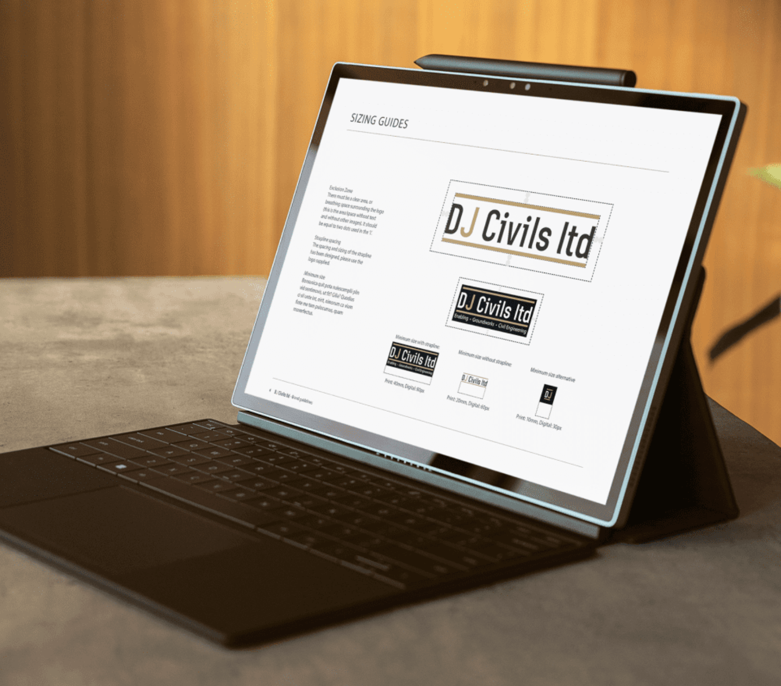 Tablet screen displaying DJ Civils Ltd logo sizing guide