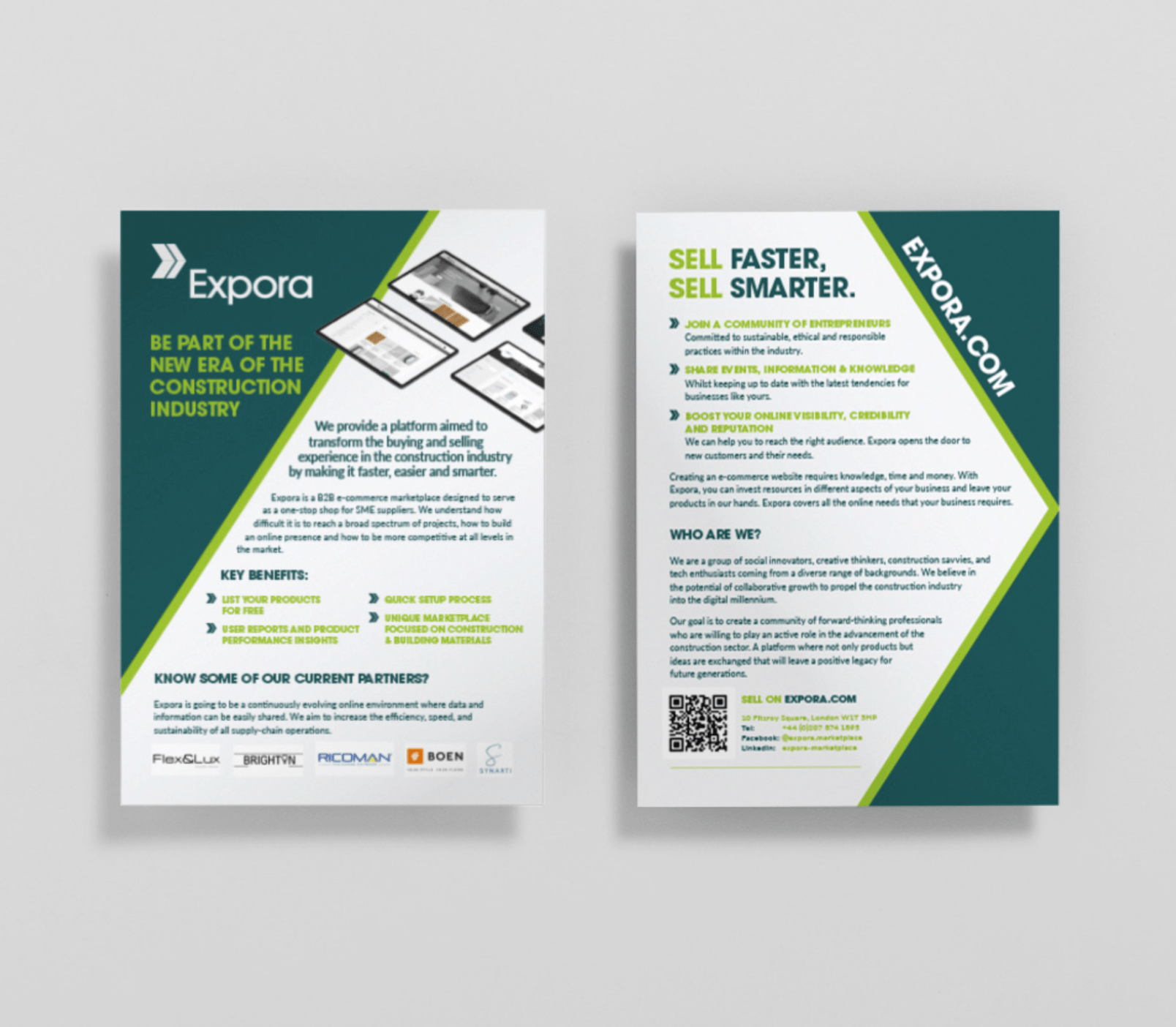 Double-sided Expora flyer promoting a construction industry e-commerce platform