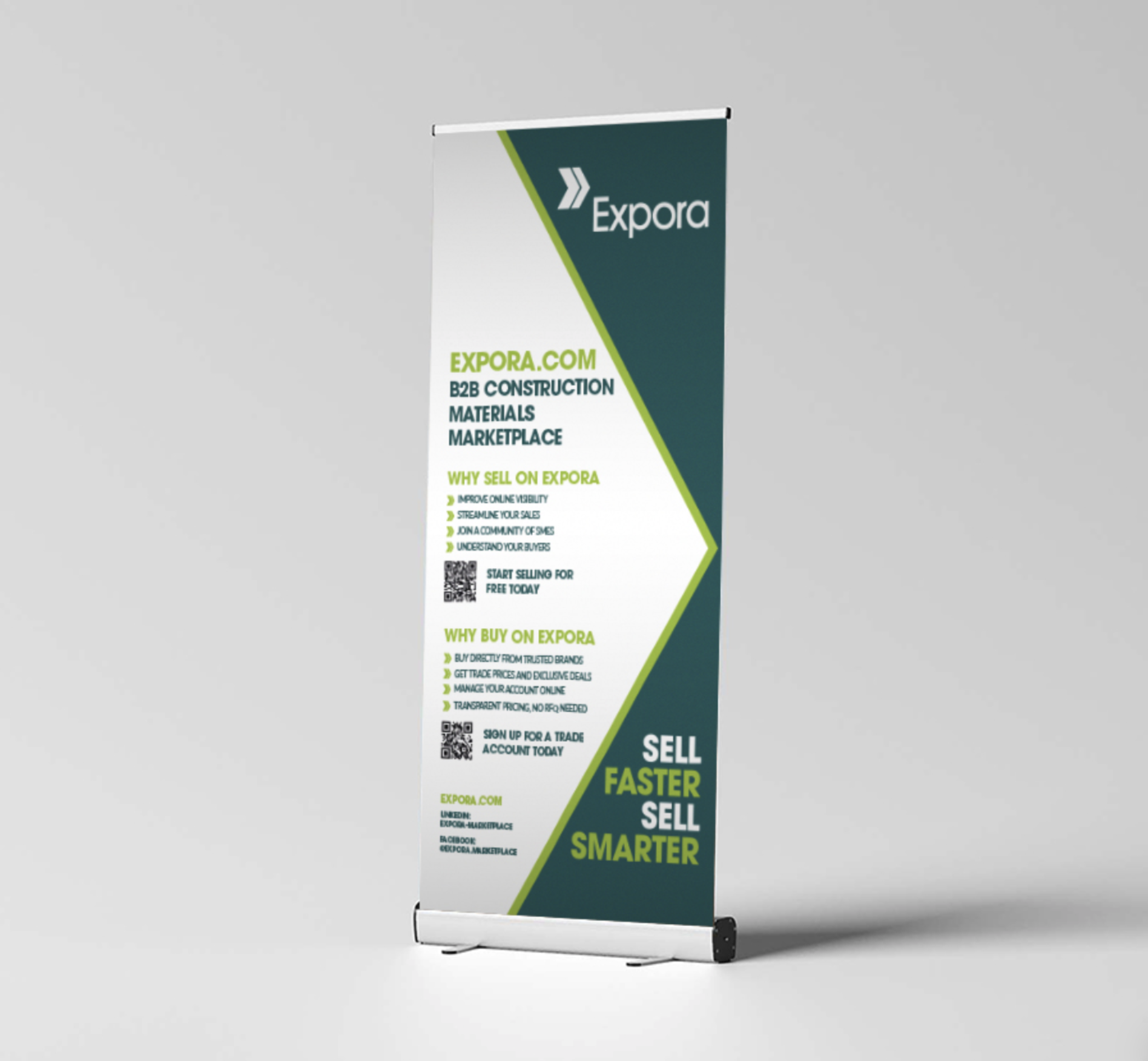 Expora roller banner displaying B2B construction materials marketplace information