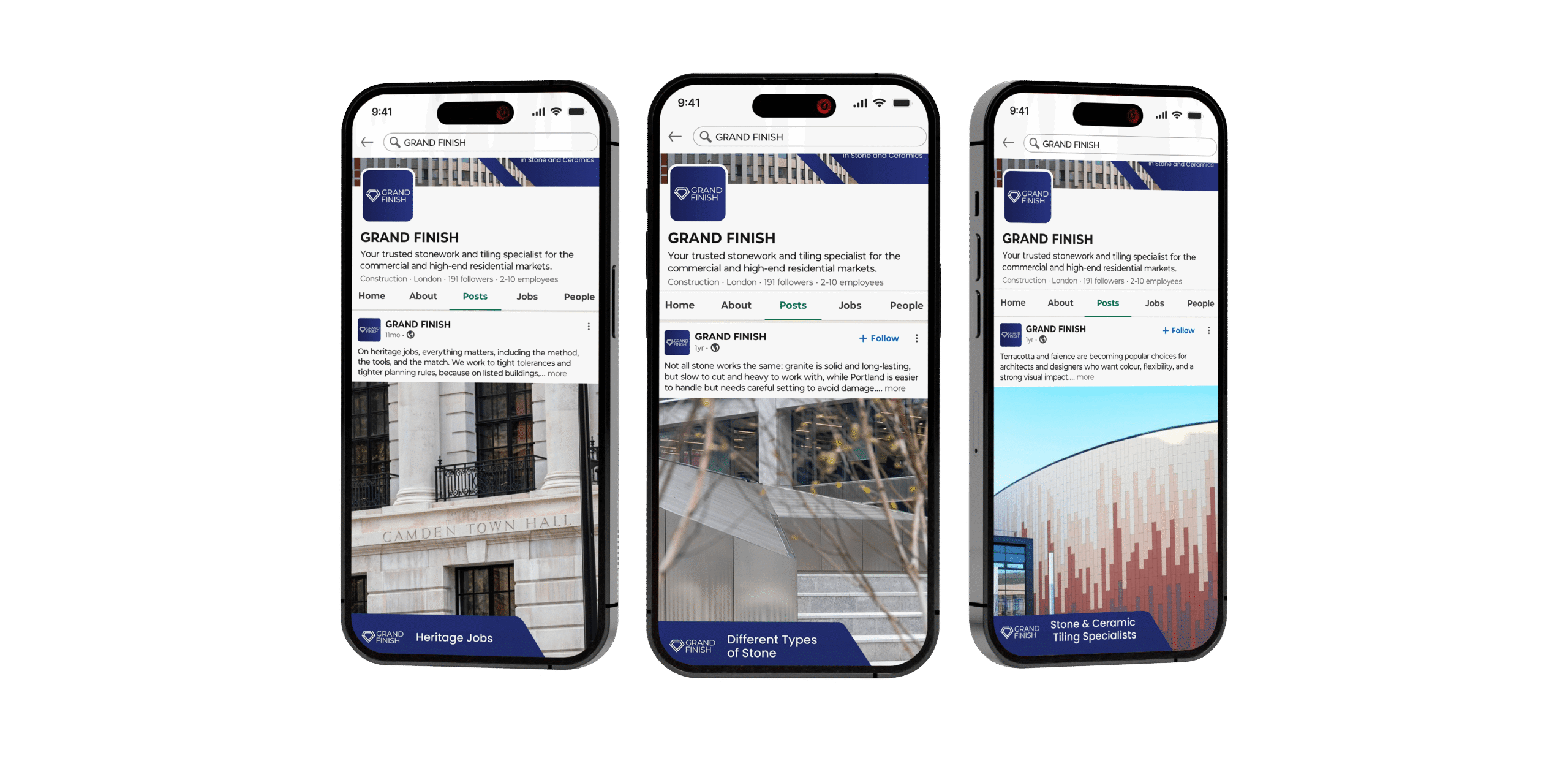 Three smartphones displaying the Grand Finish LinkedIn page with posts about stonework and tiling
