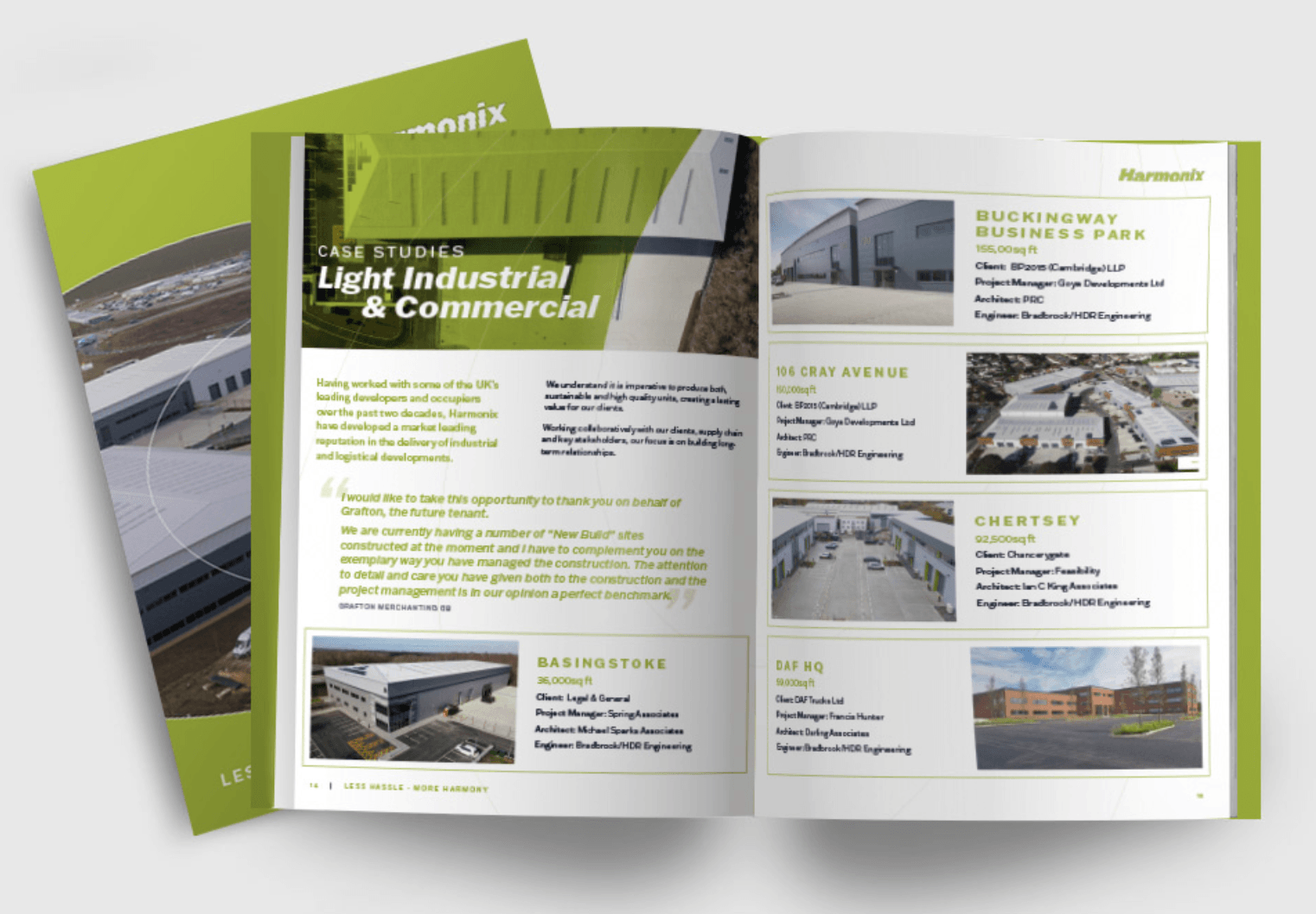 Open Harmonix brochure showing case studies for light industrial and commercial projects