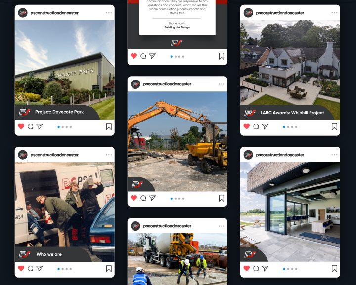 Social media posts by PS Construction UK showing construction projects and site work