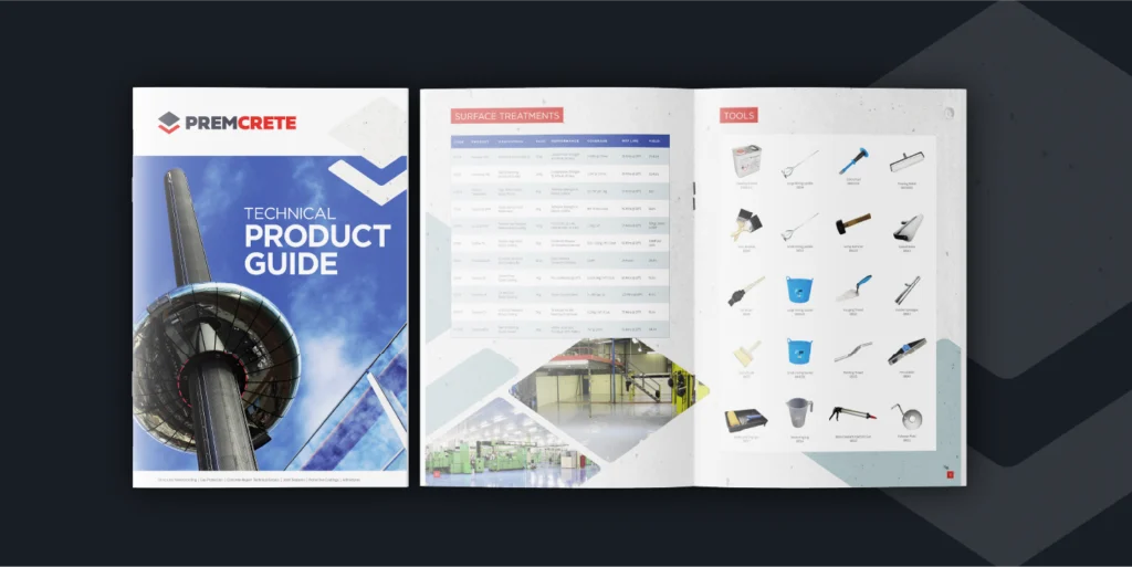 Premcrete technical product guide booklet showing cover and inside pages with surface treatments and tools
