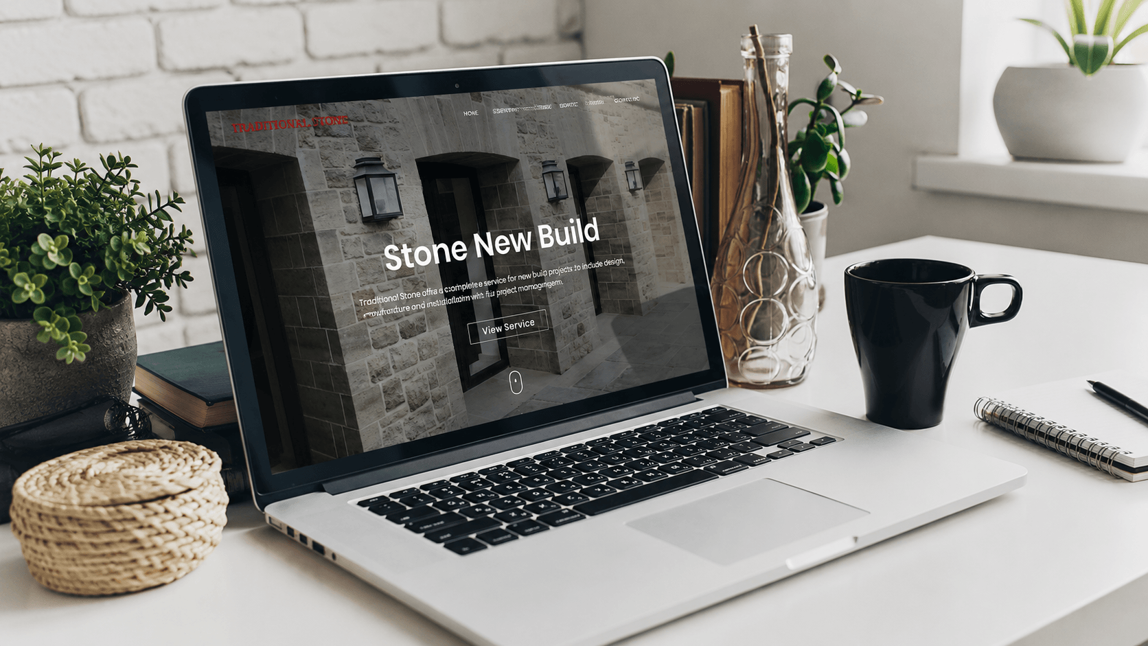 Laptop displaying Traditional Stone website with stone building design