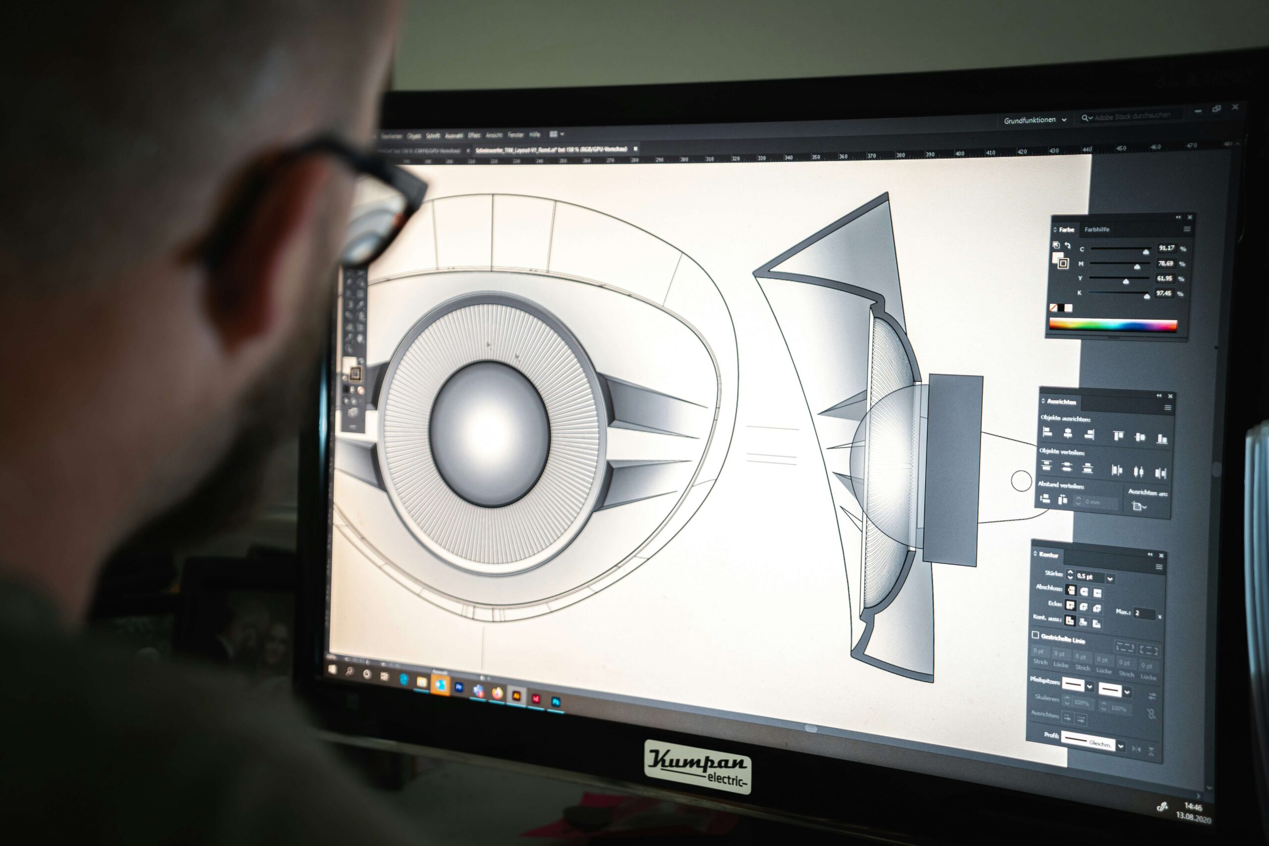 Person designing a technical 3D model on a computer screen