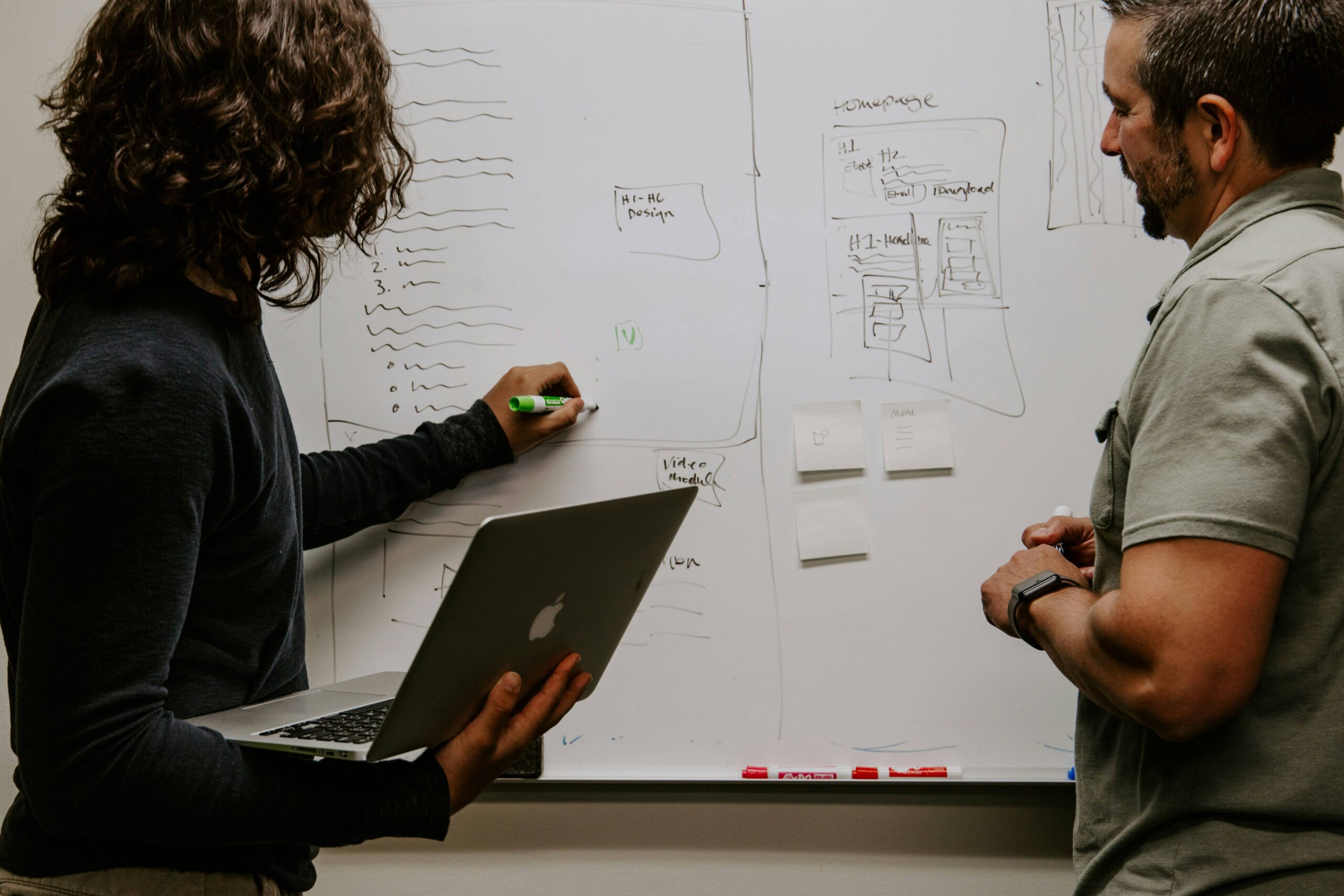 Two people discussing marketing strategy on a whiteboard