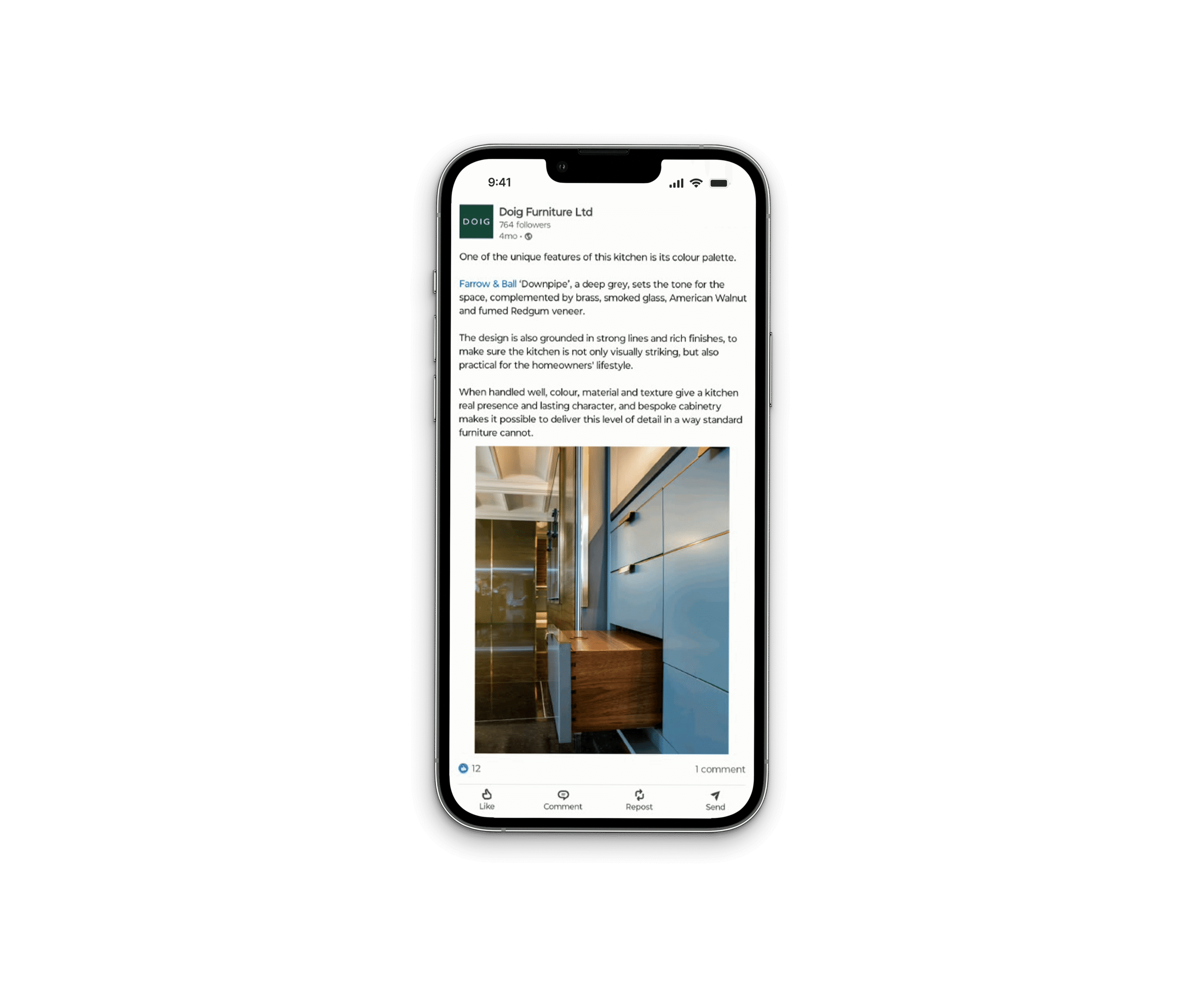 Smartphone displaying Doig Furniture social media post about kitchen design