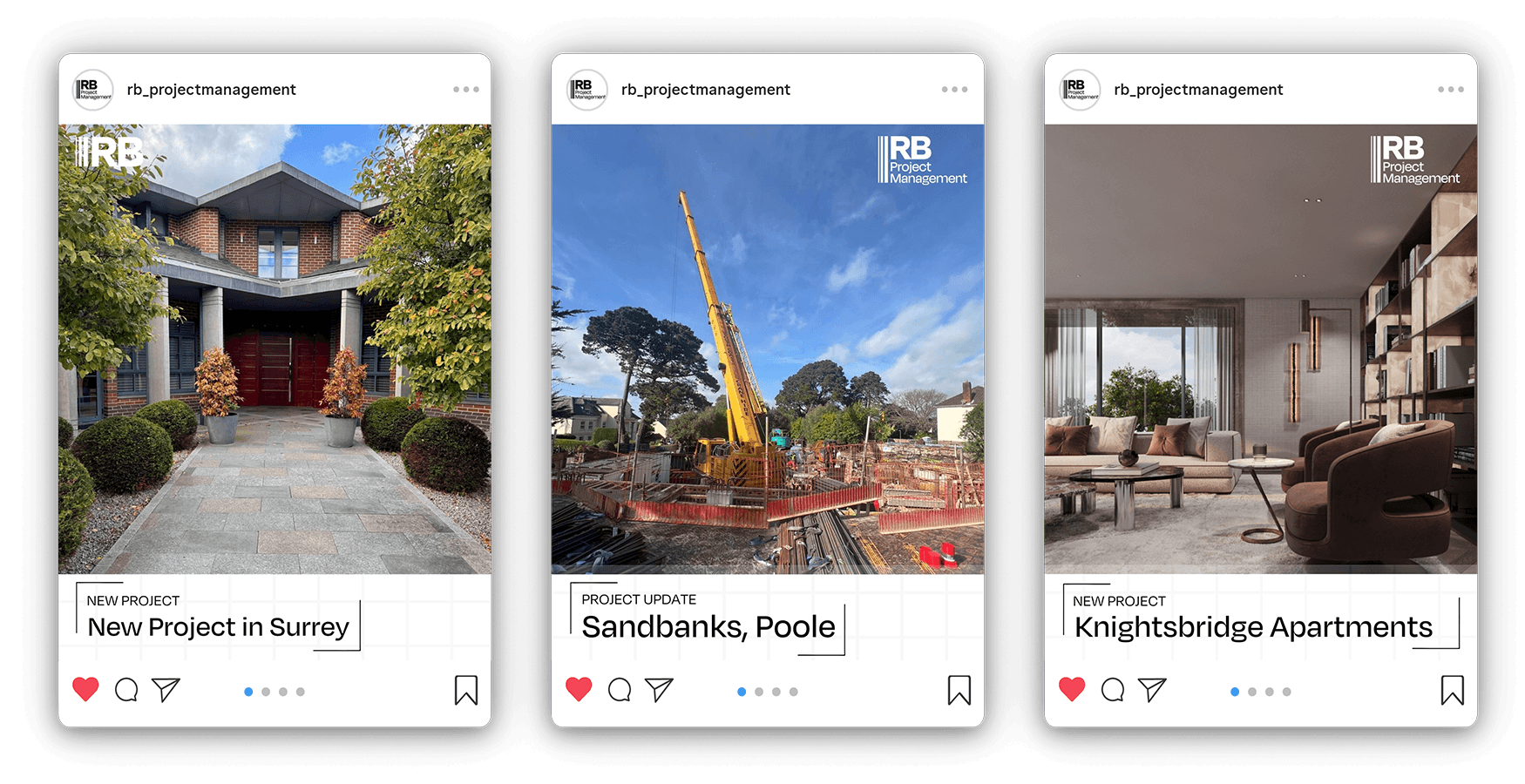 Three social media posts showing project updates and new projects by RB Project Management